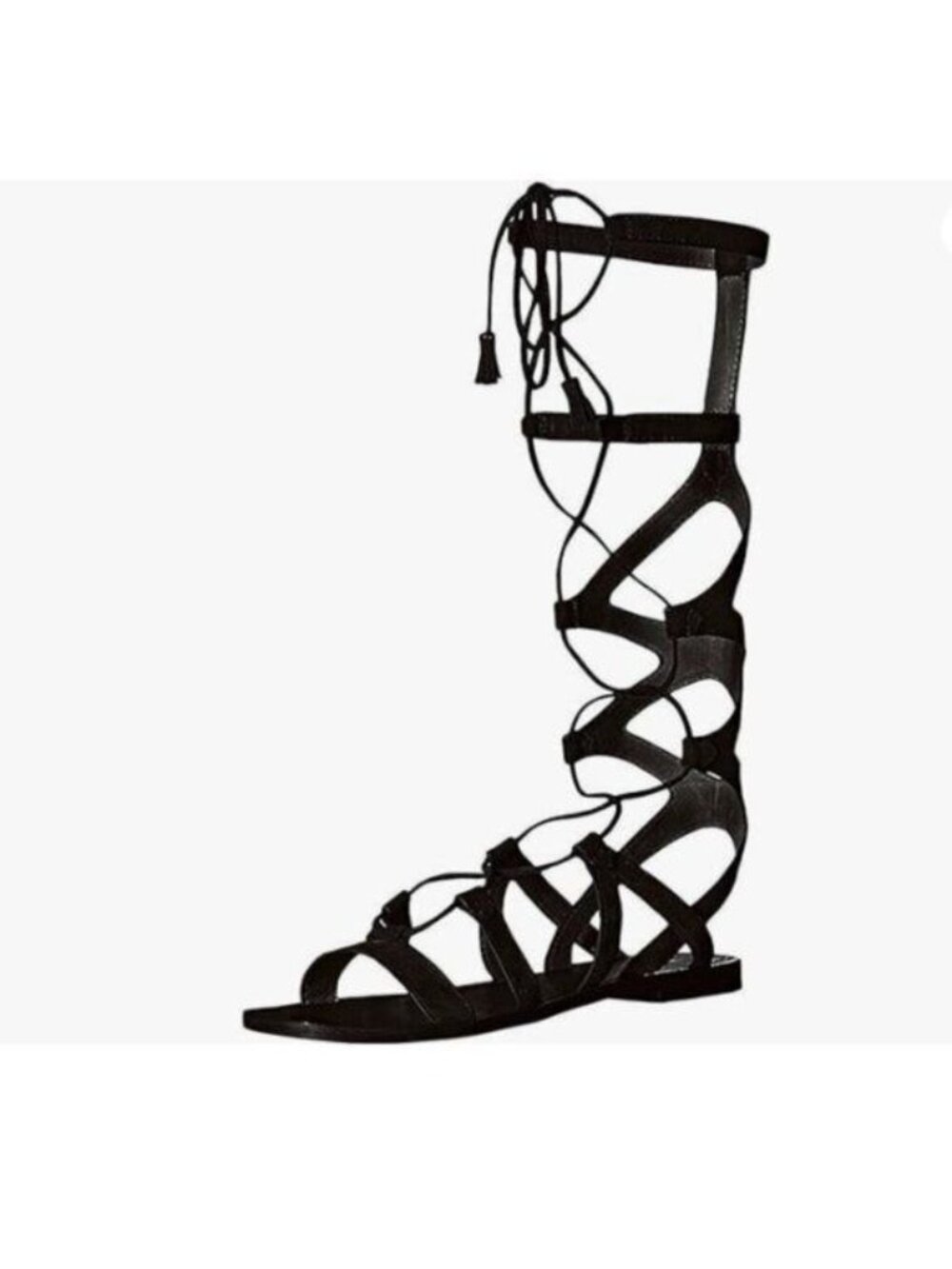 YDN Black Sexy Knee High Lace up Flats Fringe Low Heel Gladiator Strap Sandals